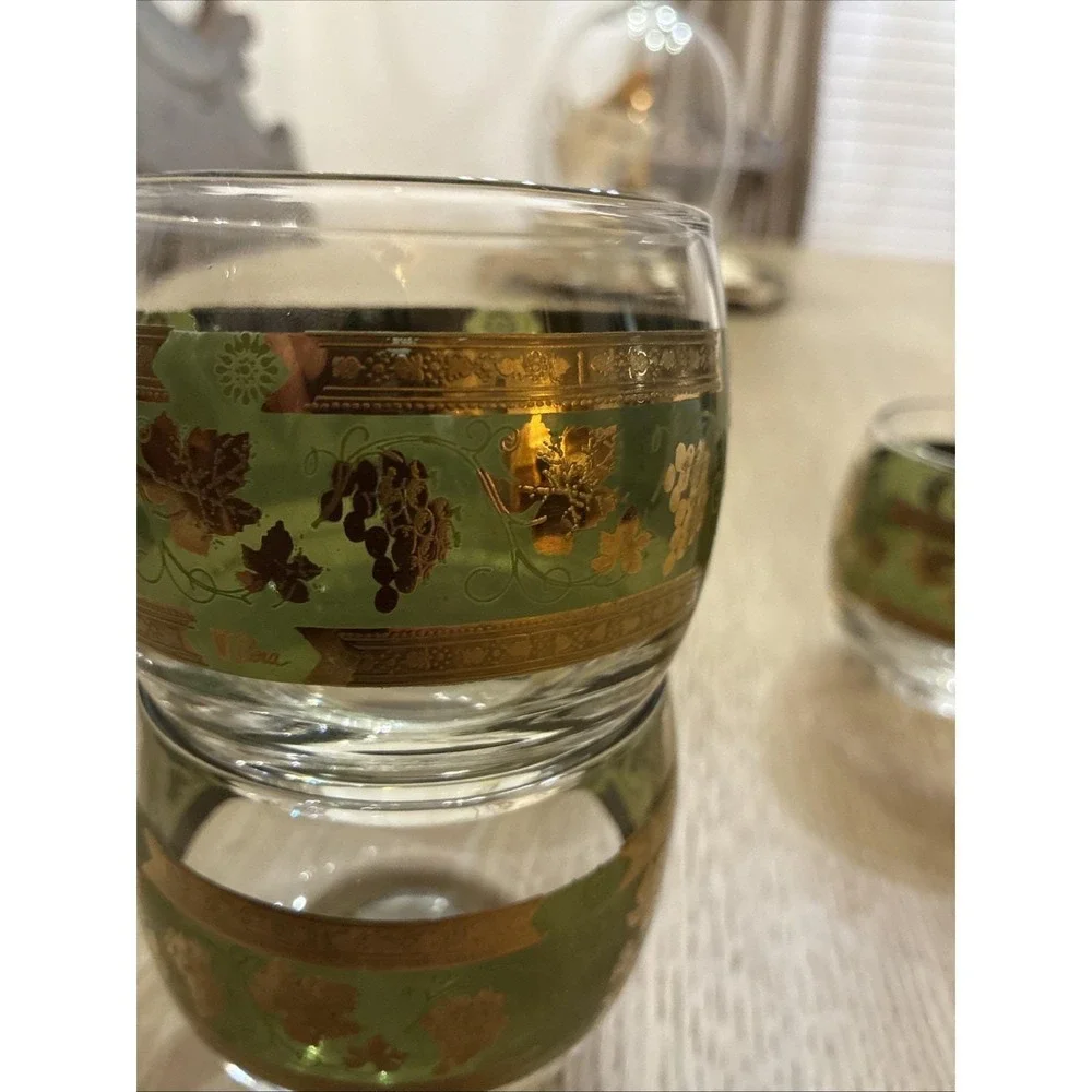 4pc VTG 60s MCM Roly Poly Cera Glass 22K Golden Grapes Green Highball Tumbler